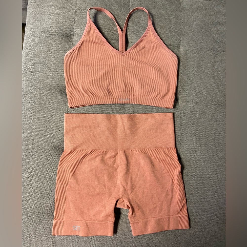 SET Active x OUAI COLLAB Women's coral workout bra and shorts